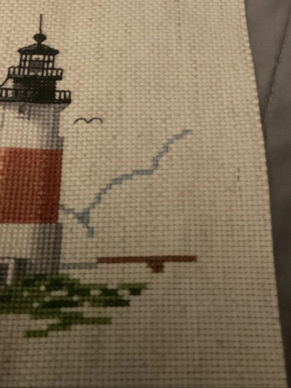 Handcrafted Lighthouse Cross-Stitch Wall Art - Red, White, Green